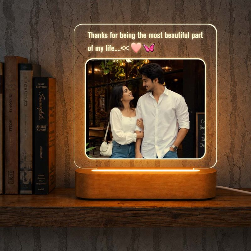 Personalized Couple Acrylic LED Lamp with Wooden Base Gift for Birthday, Anniversary, Valentines Day, Husband Wife Memorable Gift for Couples  Long Distance Couple Gift